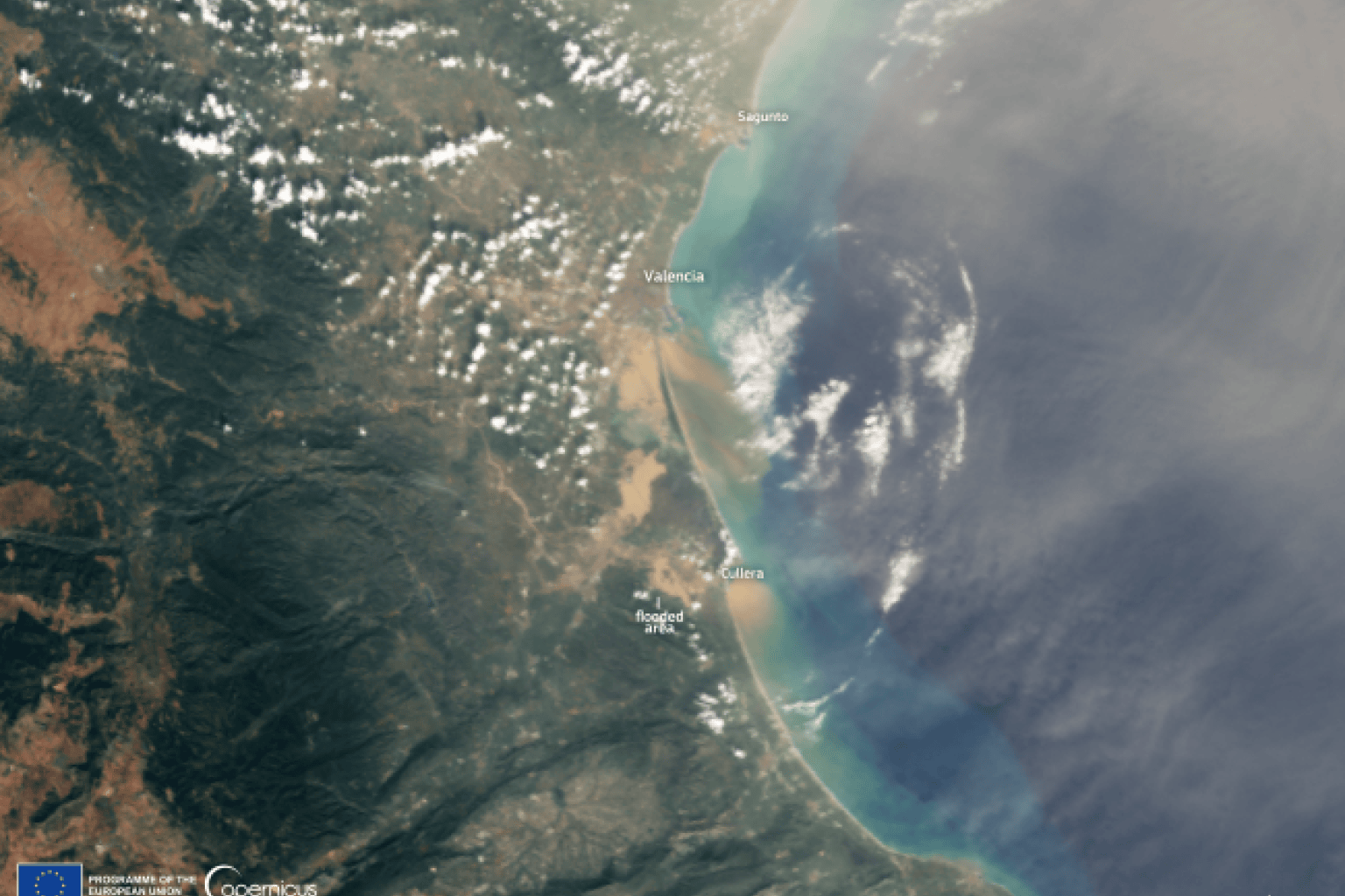 Pav. 1. Potvyniai Valensijoje (Ispanija) Copernicus Sentinel-3 vaizdas. Šaltinis: WMO (World Meteorological Organization)